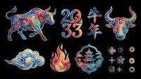 Colorful zodiac ox bull with decorative horns, ornamental numbers, stylized flames, Asian cloud motifs, and festive medallions isolated on transparent background. Ready for t-shirt design, clipart, stickers, sublimation, and print-on-demand projects.