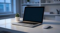 Modern laptop computer with blank black screen on white desk in bright office workspace with small plant and wireless mouse for business productivity.