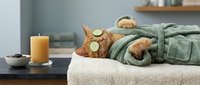 Orange tabby cat relaxing with cucumber slices on eyes during spa treatment at home wellness session for pet care and relaxation concept.