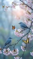 Two blue birds perched on blooming cherry blossom branches with monarch and swallowtail butterflies in soft spring light.