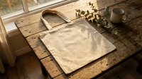 Natural cotton tote bag on rustic wooden table with eucalyptus branches and ceramic mug in warm sunlight for eco-friendly shopping and lifestyle.