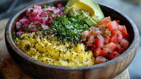 Colorful healthy poke bowl with fresh salmon, avocado, mango and vegetables served in wooden bowl for nutritious meal and clean eating lifestyle.