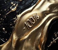 Liquid gold metallic splash with 100 percent text on black marble background, luxury abstract design element for premium product advertising.