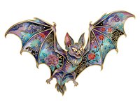 Ornate bat with colorful floral and decorative patterns, featuring iridescent wings and gold accents. Isolated artwork suitable for Halloween designs, gothic decor, and fantasy illustrations.