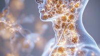 Glowing golden particles flow through translucent human silhouette showing cellular activity and energy flow in body. Medical visualization concept for health and biology.