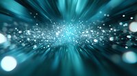 Glowing turquoise light burst with bokeh effect and radial blur on dark background creates dynamic motion and energy visualization for technology designs.