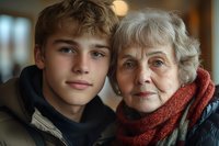 Young Caucasian teenage boy with curly brown hair embracing elderly grandmother with gray hair and red scarf in warm indoor setting for family bonding concepts.