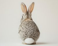 Back view of gray rabbit with fluffy white tail and long ears against neutral background, showcasing animal's distinctive silhouette.