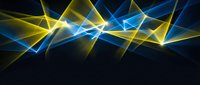 Abstract geometric background with glowing yellow and blue light beams creating dynamic angular shapes on dark surface for modern digital designs.