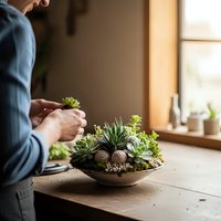 Woman arranging succulent plants in wooden bowl on rustic table near window. Indoor gardening hobby and home decoration with natural light atmosphere.