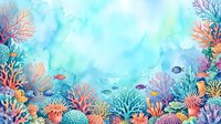 Underwater coral reef scene with colorful marine life, tropical fish swimming among vibrant corals and sea plants in turquoise ocean waters.