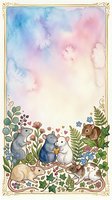 Watercolor frame with cute woodland animals including mice, rabbits and squirrels surrounded by flowers and foliage on pastel background for greeting cards.
