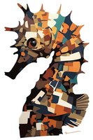 Geometric mosaic seahorse in earth tones and teal on white background, stylized marine life illustration with angular shapes and contemporary artistic design.