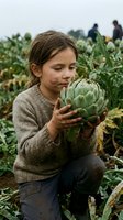 Young girl farmer holding fresh artichoke in organic vegetable field during harvest season with workers in background.