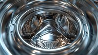 Inside view of modern washing machine drum with stainless steel perforated cylinder showing detailed metallic texture and circular pattern.
