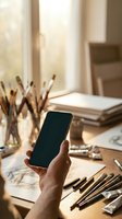 Artist hand holding smartphone with blank screen in creative studio workspace with paintbrushes, sketches and art supplies on wooden desk near window.