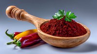 Red chili powder in wooden spoon with fresh chili peppers and parsley garnish on gray background, culinary spice composition for food photography and packaging.
