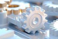 White mechanical gear wheel on light background with soft focus effect and metallic surface texture, representing industrial engineering and automation systems.