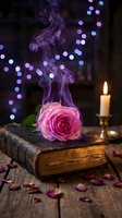 Pink rose with purple smoke rising from petals, placed on antique book with burning candle, bokeh lights, scattered petals, dark moody atmosphere for romantic, mystical, fantasy design projects.