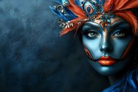 Mysterious blue-skinned female with bright orange feather headdress and red lips against dark background, featuring dramatic fantasy makeup and piercing blue eyes.