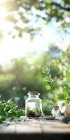Fresh green plants in glass jar with cork lid on wooden surface against blurred natural background, creating serene botanical atmosphere for wellness concept.