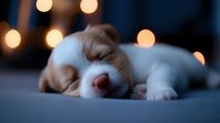 Sleeping white puppy on blue background with soft bokeh lights creating dreamy atmosphere, peaceful pet portrait for greeting cards and social media.
