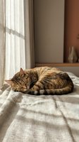 Tabby cat sleeping peacefully on bed in warm sunlight streaming through window creating cozy domestic atmosphere for relaxation and comfort concepts.
