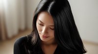 Young Asian woman with long black hair and natural makeup looking down thoughtfully in soft window light, wearing black top. Peaceful serene expression portrays mindfulness.
