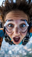 Excited skydiver with goggles and harness screaming during freefall extreme sport adventure with windswept hair and open mouth expressing pure adrenaline rush.