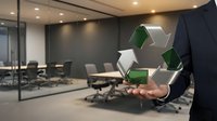 Business professional holding green recycling symbol in modern corporate office environment promoting environmental sustainability and eco-friendly practices.