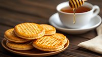 Golden waffle cookies stacked on wooden plate with honey dripping from dipper into cup of hot tea, cozy breakfast setting on dark rustic table surface.
