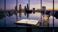 Open notebook with pen on reflective desk overlooking illuminated city skyline at dusk, ideal for business planning, corporate strategy, entrepreneurship, and professional workspace concepts.
