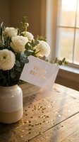 Elegant Happy Birthday card with gold text in white ranunculus bouquet, ceramic vase on rustic wood table, golden confetti, warm window light.