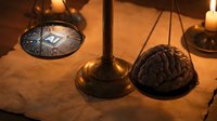 Vintage brass scales weighing human brain against all-seeing eye symbol in candlelit setting representing justice, knowledge versus wisdom concept.