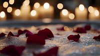 Red rose petals scattered on reflective surface with soft golden bokeh lights creating romantic atmosphere, close up macro photography for wedding decor.