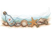 Message in bottle with seashells and starfish on sandy beach. Ocean waves background with marine treasures for summer vacation designs.
