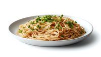 Fresh linguine pasta garnished with chopped parsley and olive oil on white ceramic plate against neutral background, ready for food service presentation.