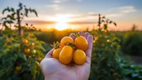 Hand holding fresh yellow cherry tomatoes at sunset in organic garden with golden hour lighting and blurred vegetable plants in background.