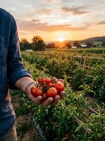 Farmer holding fresh ripe tomatoes at sunset in organic vegetable garden with golden sky and rural landscape background for sustainable agriculture concepts.