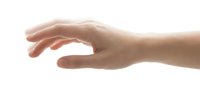 Caucasian hand reaching out with fingers slightly bent, isolated on white background, ready for design use in business or healthcare concepts.
