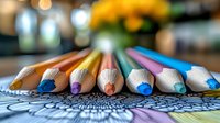Sharpened colored pencils arranged in a row on an adult coloring book page with blurred interior background, suitable for art education, creative hobbies, and design projects.