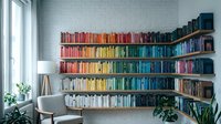 Modern home library with colorful books arranged by color on floating shelves, minimalist reading corner with chair and lamp in bright interior.