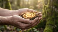 Hands gently holding glowing spiral energy orb in forest setting with warm sunlight filtering through trees creating magical healing atmosphere.