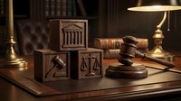 Wooden blocks with legal symbols including scales of justice and gavel on lawyer desk with warm lighting for law firm branding and legal services marketing.