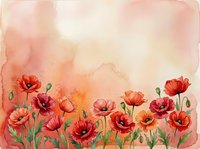 Watercolor red poppies blooming in field with soft pink orange background for spring summer floral design projects and botanical artwork.