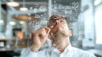 Caucasian businessman in glasses experiencing stress with floating business icons and symbols, expressing frustration in modern office environment.