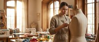 Young female fashion designer working with dress form mannequin in bright atelier studio. Professional seamstress adjusting garment on tailor dummy in workshop.