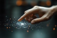 Human hand touching glowing digital interface with circular hologram pattern and particles, creating futuristic technology visualization on dark background.