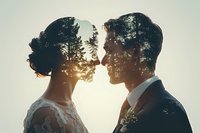 Romantic double exposure portrait combining newlywed couple silhouettes with forest landscape and sunset, perfect for wedding photography, engagement announcements and love stories.