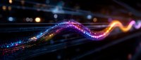 Glowing wave of colorful light trails with blue and purple neon effects against dark background, creating dynamic motion and energy flow visualization.